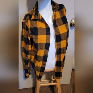 Divided Yellow and Black Plaid Button-Up Shirt